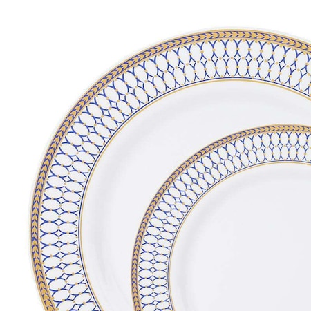 Smarty Had A Party White with Blue and Gold Chord Rim Plastic Dinnerware Set (120 Dinner Plates+120 Salad Plates), 240PK 620VP-CASE